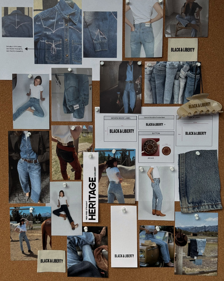 Collage of denim clothing and fashion images on a cork board.